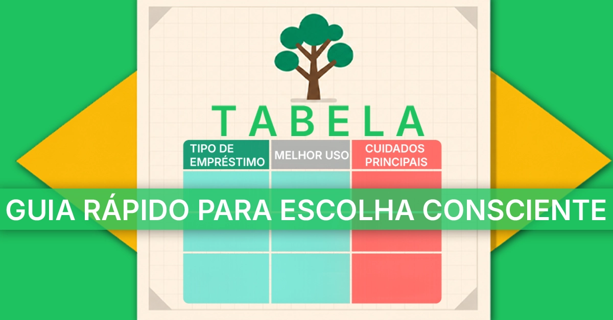 Guia prático com gráficos que relacionam os tipos de empréstimo aos melhores casos de uso e principais precauções. Oferece uma visão geral rápida de "qual empréstimo usar em cada situação" antes da tabela detalhada.