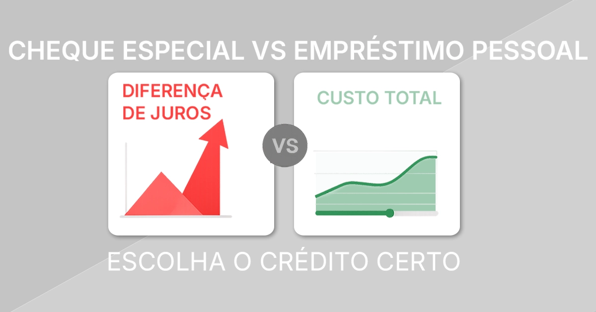 Gráfico comparativo lado a lado destacando o custo mais elevado do cheque especial em comparação com um empréstimo pessoal. Reforça visualmente que o cheque especial costuma ser muito mais caro do que um empréstimo pessoal.