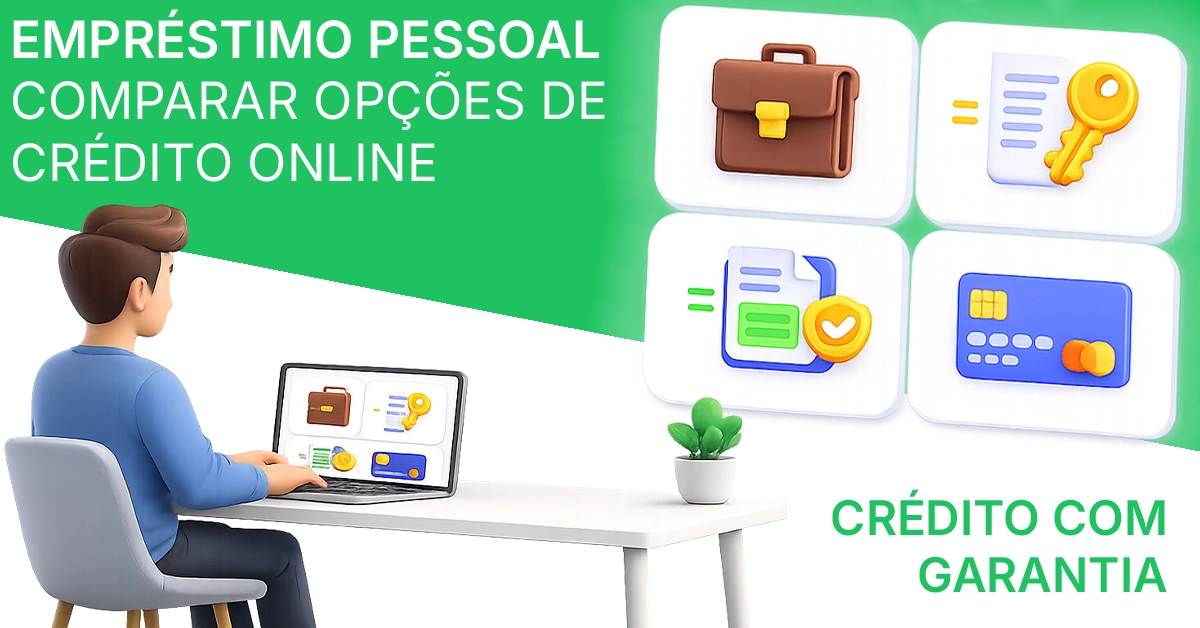 Uma pessoa analisando diferentes tipos de empréstimo em um laptop, com ícones para empréstimo pessoal, consignado, garantido e de cartão de crédito. Isso contextualiza a página, mostrando uma comparação entre vários tipos de empréstimo para que os leitores possam escolher o mais adequado.