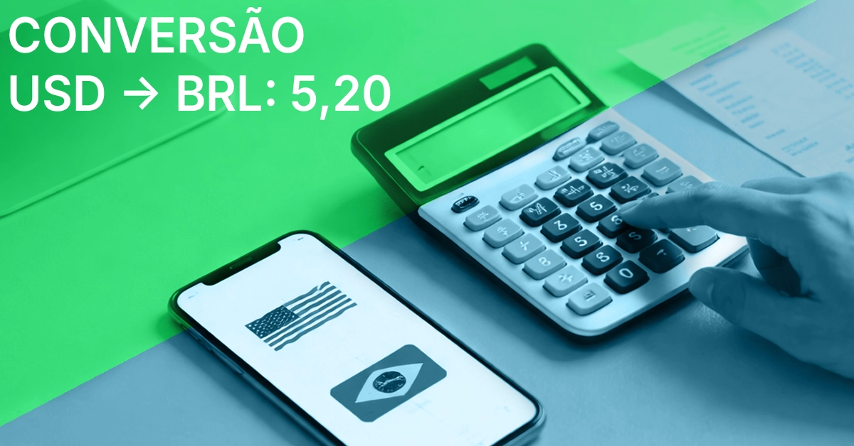 Pessoa convertendo dólares americanos em reais em uma calculadora ao lado de um telefone mostrando a taxa de câmbio Cena de mesa limpa com calculadora, recibo neutro e tela mínima do telefone com taxa USD → BRL; -gratuito, sem dados pessoais; estilo editorial acessível.