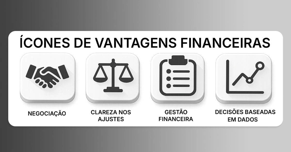 Linha de quatro ícones para negociação, clareza em ajustes, gestão financeira e decisões baseadas em dados. Conjunto de ícones minimalista e consistente que apresenta as quatro vantagens; neutro, agnóstico.