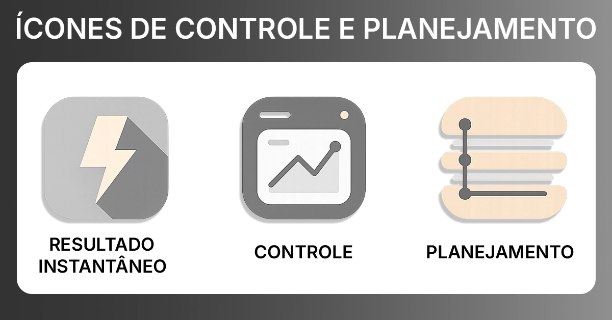 Três ícones minimalistas para resultados, controle e planejamento instantâneos em finanças. Conjunto de ícones simples e consistente que apresenta os benefícios; cores neutras; agnóstico; acessível.