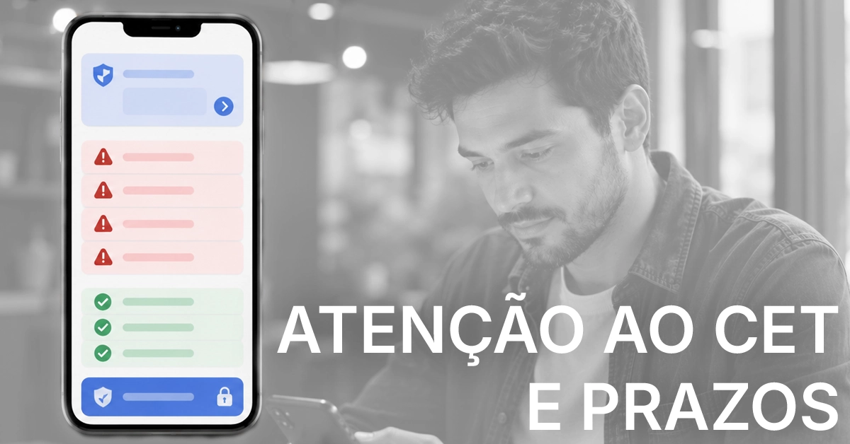 Pessoa analisando opções de empréstimo em um celular com ícones de alerta e uma lista de verificação enfatizando o CET (Crédito Total e Efetivo) e a segurança. Isso contextualiza que obter crédito mesmo com histórico negativo é possível, mas exige comparação cuidadosa e atenção à fraude.