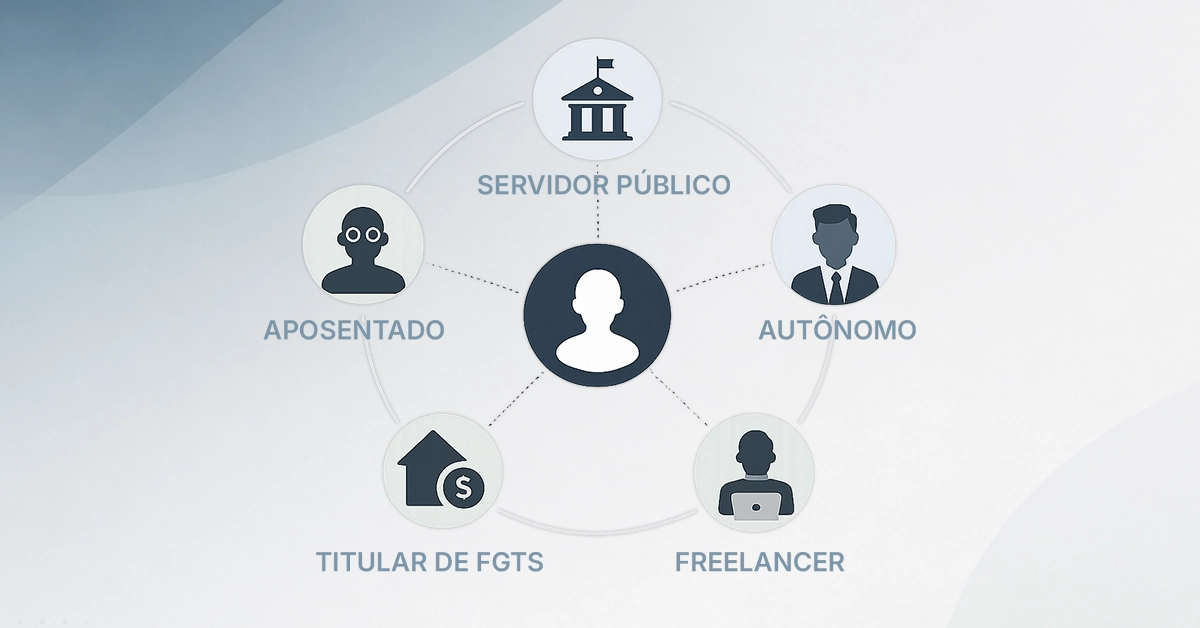 Conjunto de ícones para aposentados, funcionários públicos, titulares do FGTS, proprietários de ativos e autônomos. Comunica rapidamente quais perfis ainda possuem opções de crédito viáveis, apesar da situação negativa.