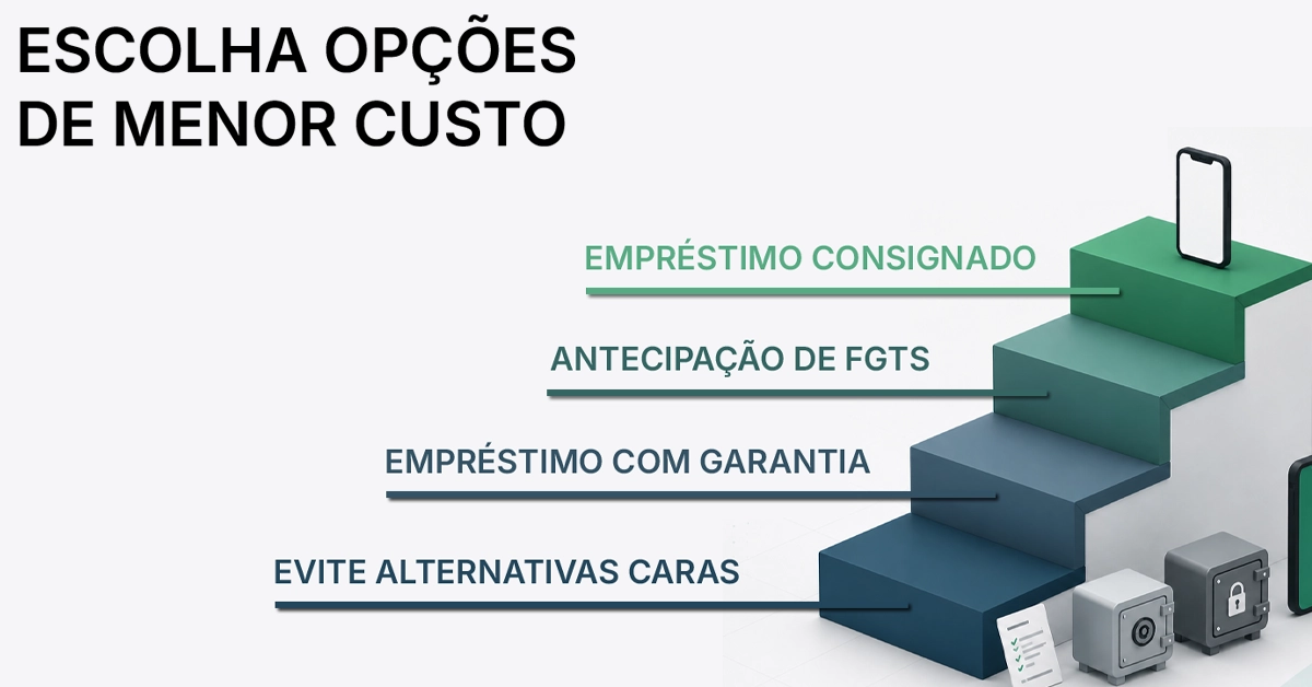 O gráfico em forma de escada classifica as opções de pagamento do menor para o maior custo: desconto em folha de pagamento, adiantamento do FGTS, empréstimo garantido e ofertas transparentes de fintech. Ele orienta os leitores para opções estruturalmente mais baratas antes de considerarem alternativas mais caras.