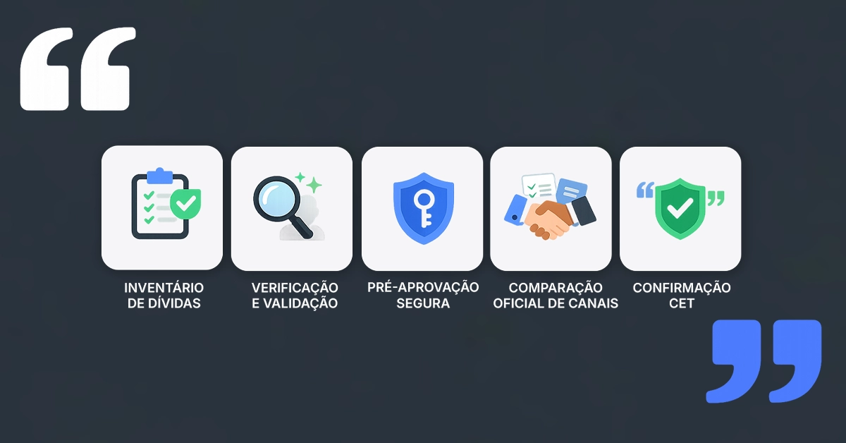 Lista de verificação de cinco etapas, desde o inventário de dívidas até a assinatura no canal oficial com confirmação CET. Oferece uma visão geral rápida do fluxo de contratação segura para reduzir erros e fraudes.