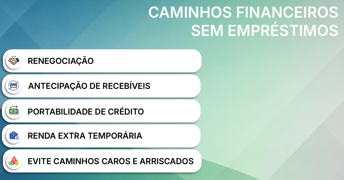 Árvore de decisão mostrando renegociação, portabilidade, adiantamento de recebíveis, corte de despesas e renda extra temporária. Oferece um mapa visual de alternativas sem empréstimo que podem aliviar a pressão sem recorrer a crédito caro.