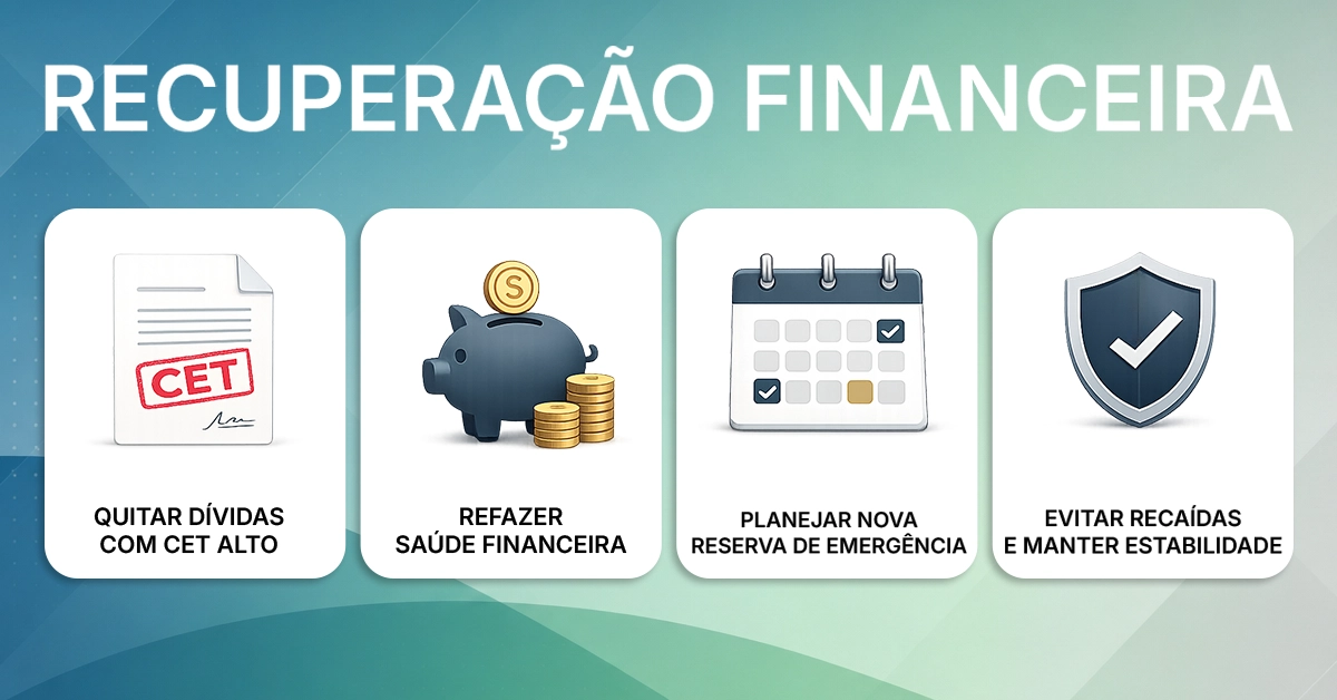 Roteiro de quatro etapas, desde a renegociação das dívidas com os juros mais altos até a criação de uma pequena reserva e o restabelecimento dos pagamentos em dia. Retomar o plano de ação para sair do status negativo e evitar recaídas.
