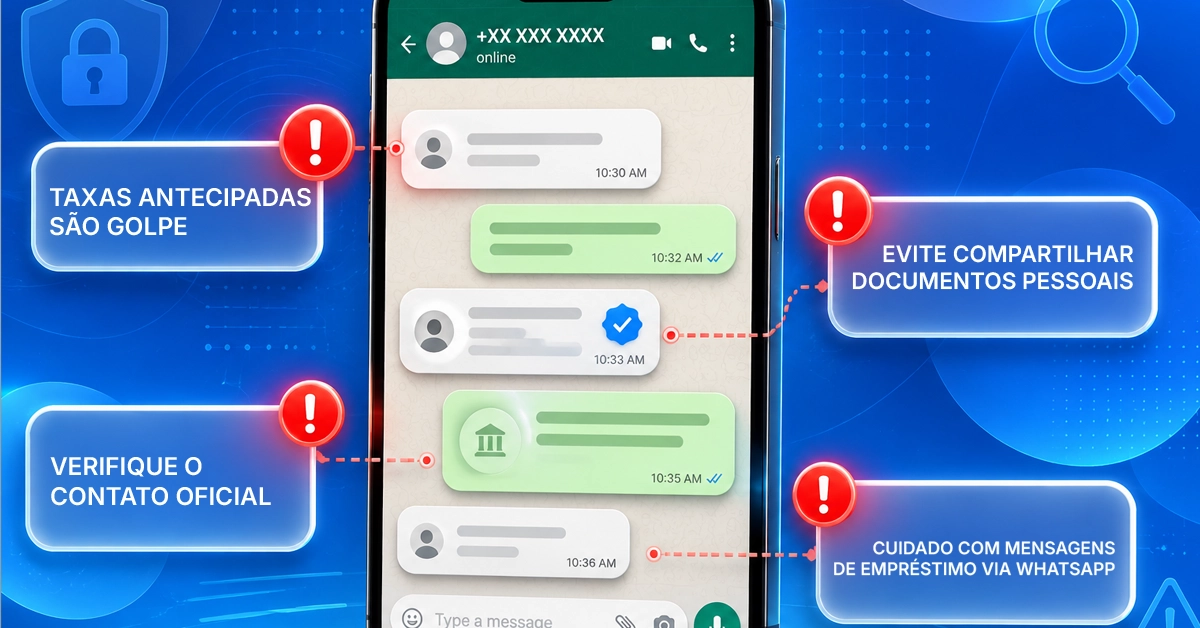 Simulação de conversa destacando sinais de alerta, como solicitações de taxas antecipadas, números não verificados e pressão por urgência. Ajuda os usuários a identificar visualmente os padrões de fraude mais comuns em ofertas de empréstimo pelo WhatsApp.