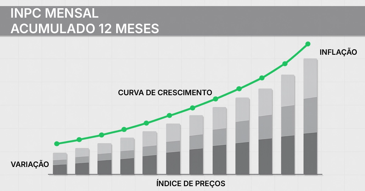 Gráfico de linhas mostrando as barras mensais do INPC e uma curva acumulada de 12 meses. Esclarece a diferença entre os números mensais e a medida acumulada de 12 meses.