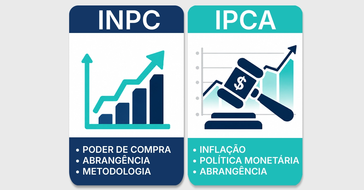 Infográfico lado a lado comparando o público-alvo, os usos e as aplicações típicas do INPC e do IPCA. Comunica rapidamente que o INPC tem como alvo salários mínimos de 1 a 5 anos e orienta os ajustes salariais e de benefícios, enquanto o IPCA tem como alvo salários mínimos de até 40 anos e define a política monetária.