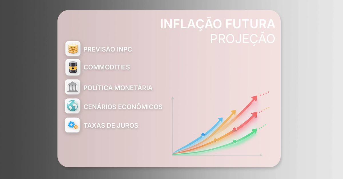 Gráfico de previsão estilizado com faixas mostrando possíveis trajetórias do INPC em diferentes cenários econômicos. Ilustra que o futuro do INPC depende de políticas, commodities, taxas de juros e condições globais.