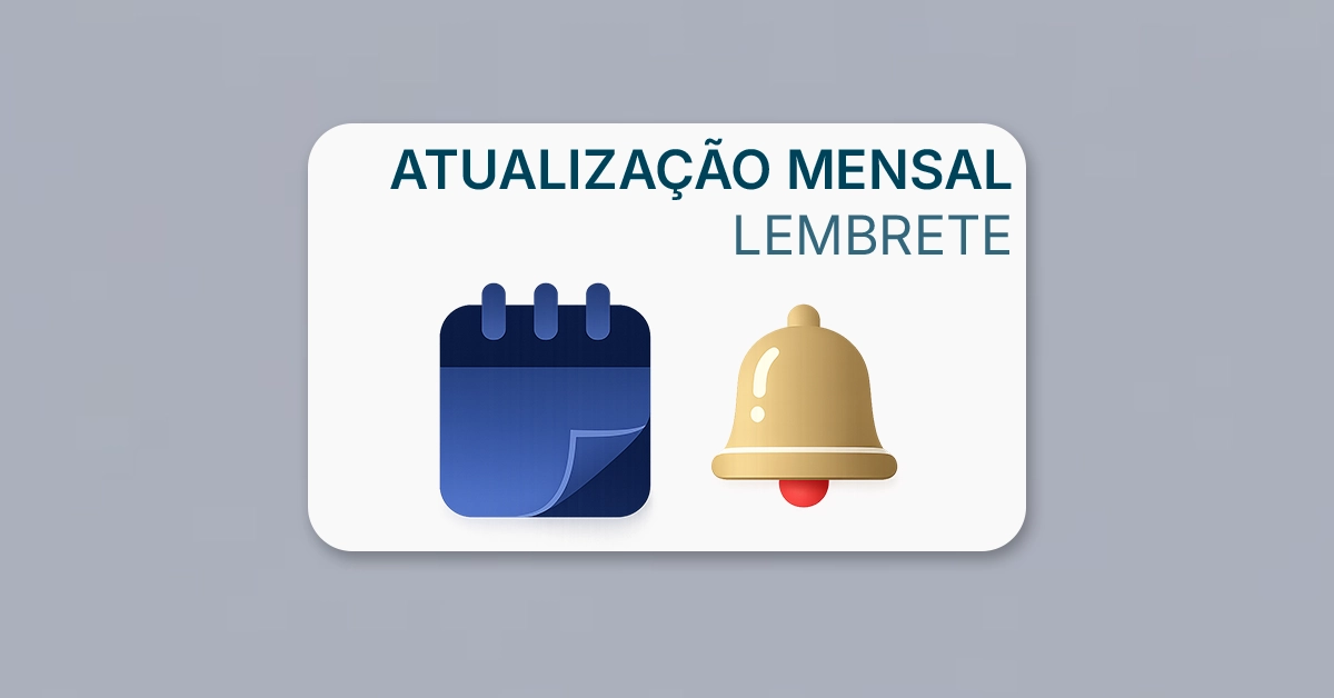 Um banner simples com ícones de calendário e um sino de notificações que lembram as atualizações mensais do INPC reforça o hábito de acompanhar o INPC como parte do planejamento financeiro mensal.