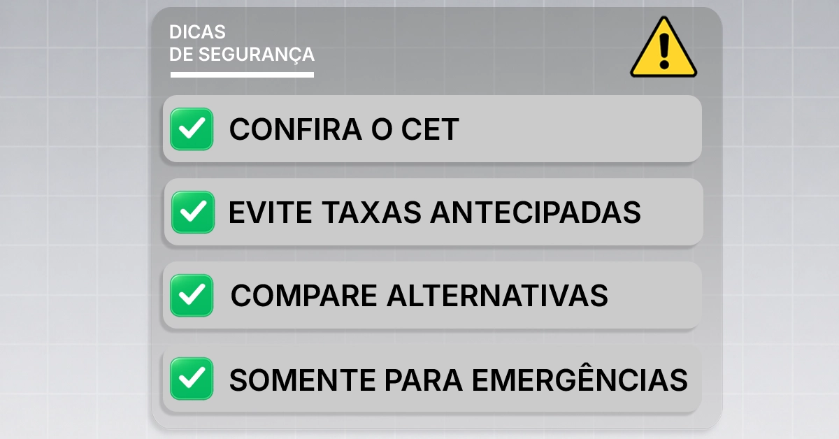 Pessoa usando um smartphone com ícones de aprovação rápida, transferência instantânea Pix, dinheiro na conta e aviso de juros altos.