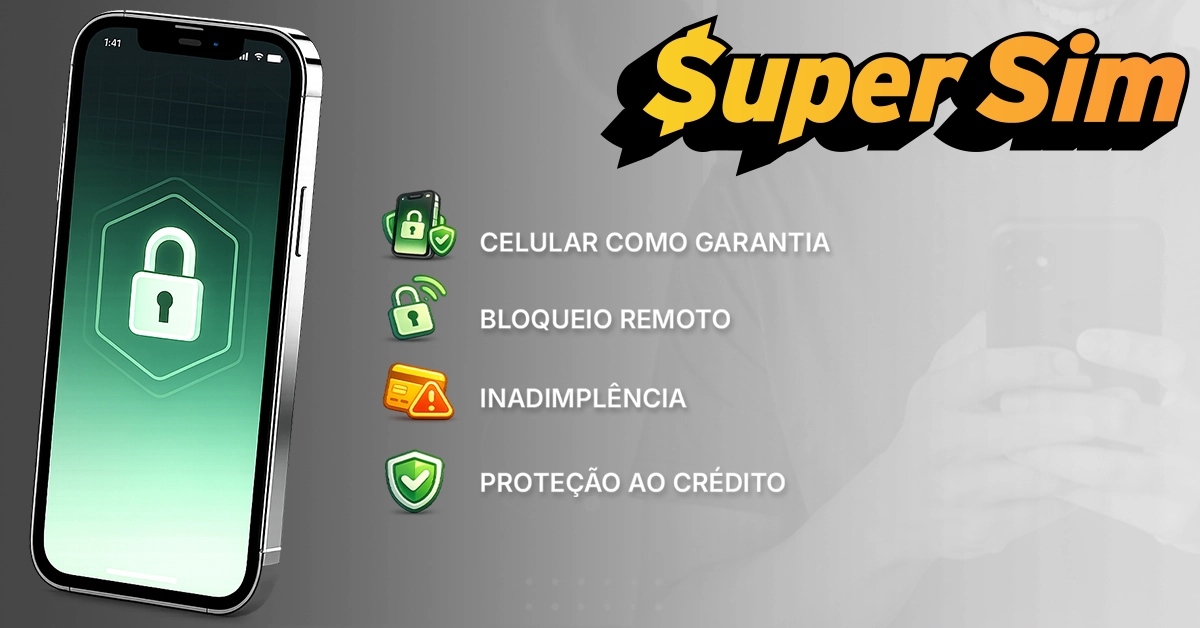 Smartphone com um discreto símbolo de cadeado e etiquetas indicando garantia digital e bloqueio em caso de atraso no pagamento.