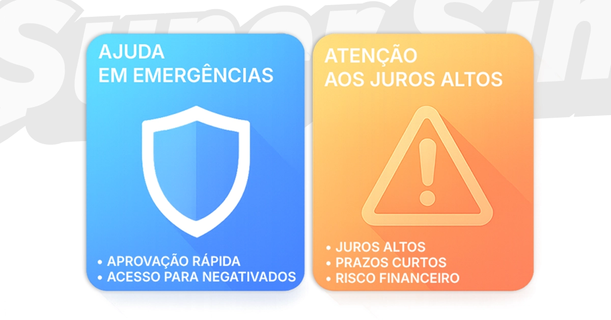 Dois blocos equilibrados com as etiquetas “Ajuda em emergências” e “Cuidado com as altas taxas de juros”.